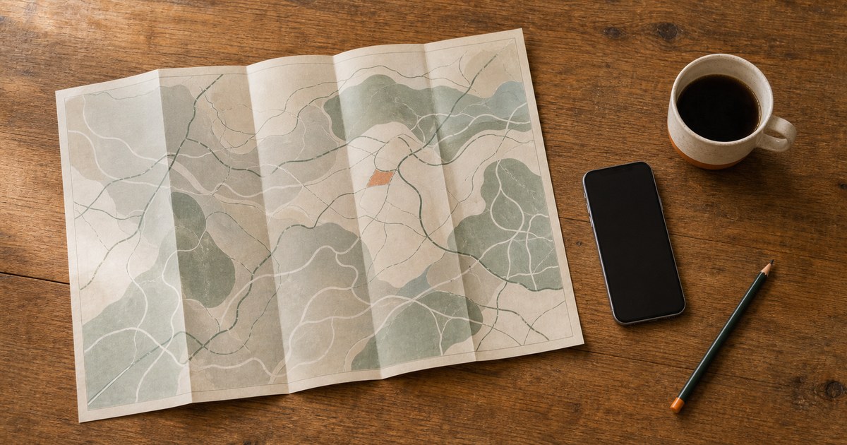 木の机に広げた紙の地図とスマートフォン、コーヒーカップと鉛筆。ドライブの計画を立てている様子
