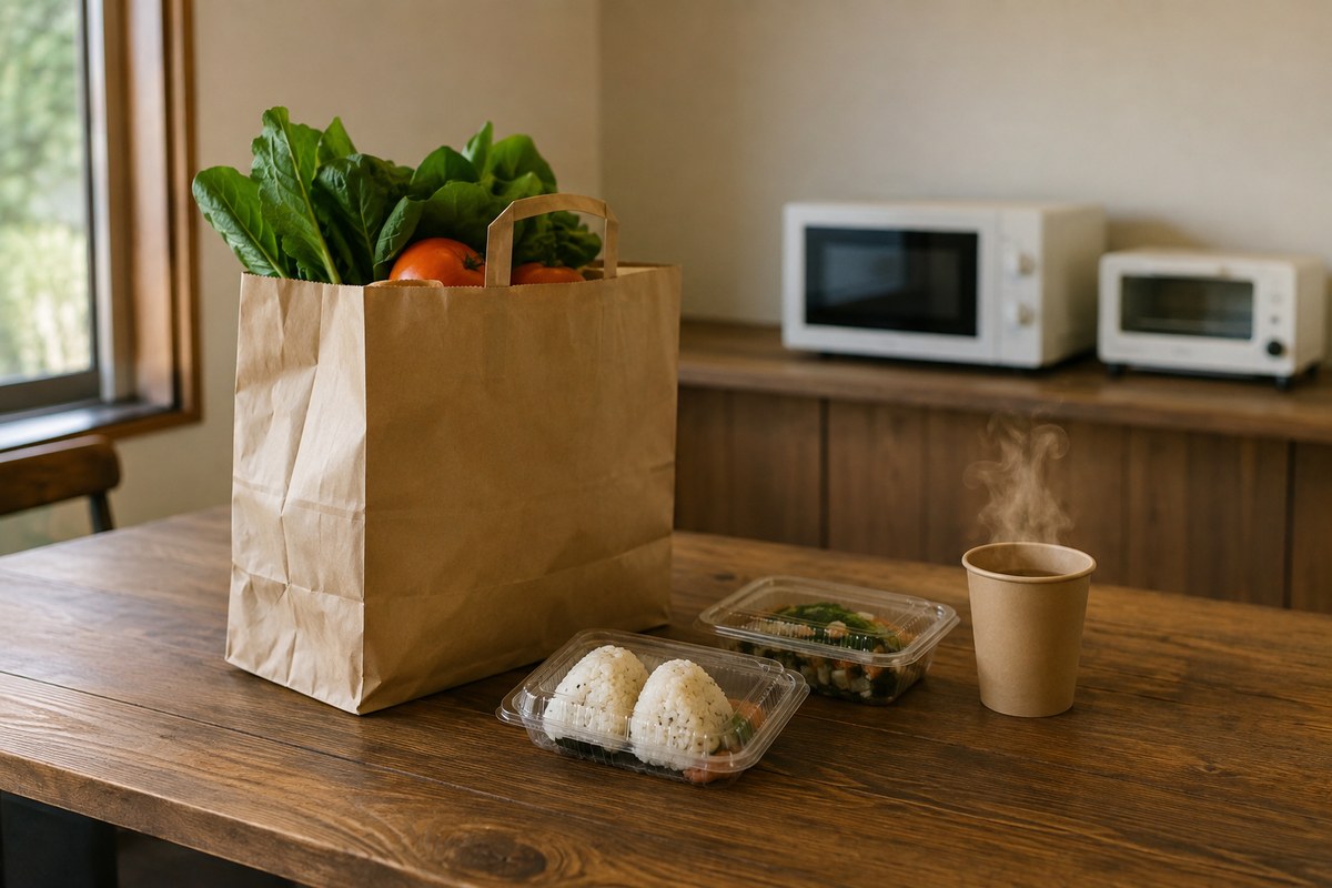 ホテルの簡易キッチンの木のカウンターに置かれた、野菜の入った紙袋とおにぎり・惣菜のパック、湯気の立つ紙コップ。奥に電子レンジとトースター