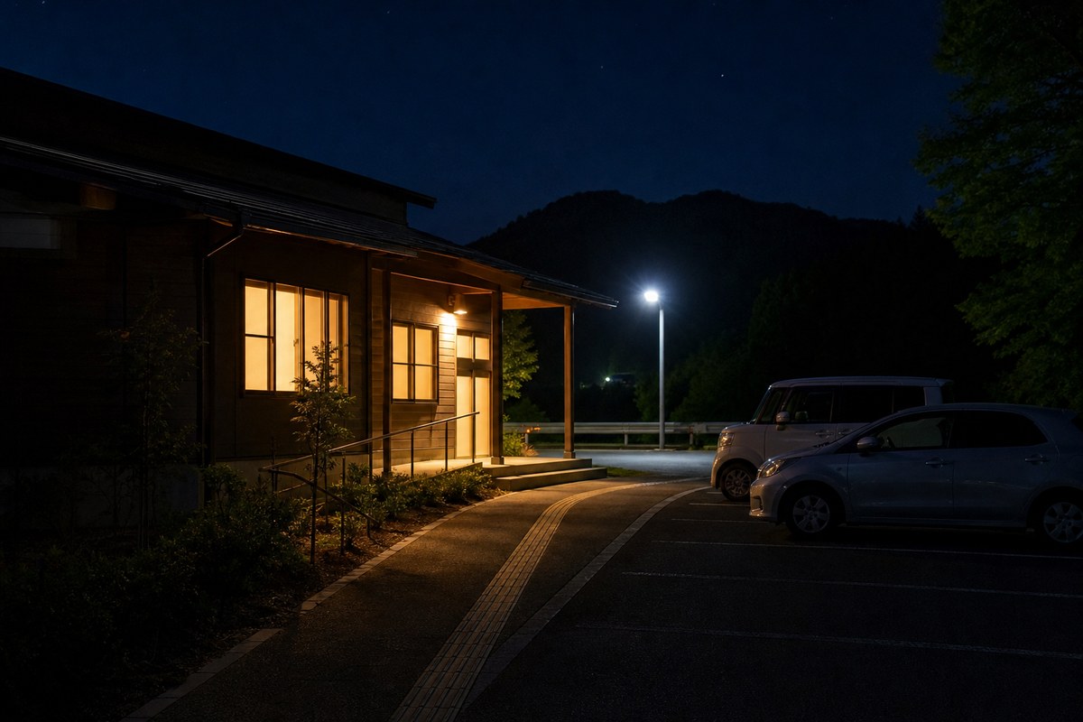 夜、窓から明かりのもれる入浴施設の建物を駐車場側から見たところ