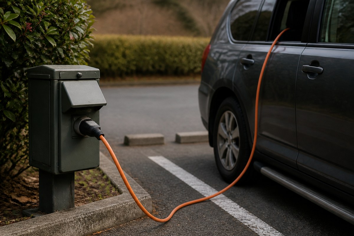 電源ボックスから車の窓へ延びる屋外用の延長コード