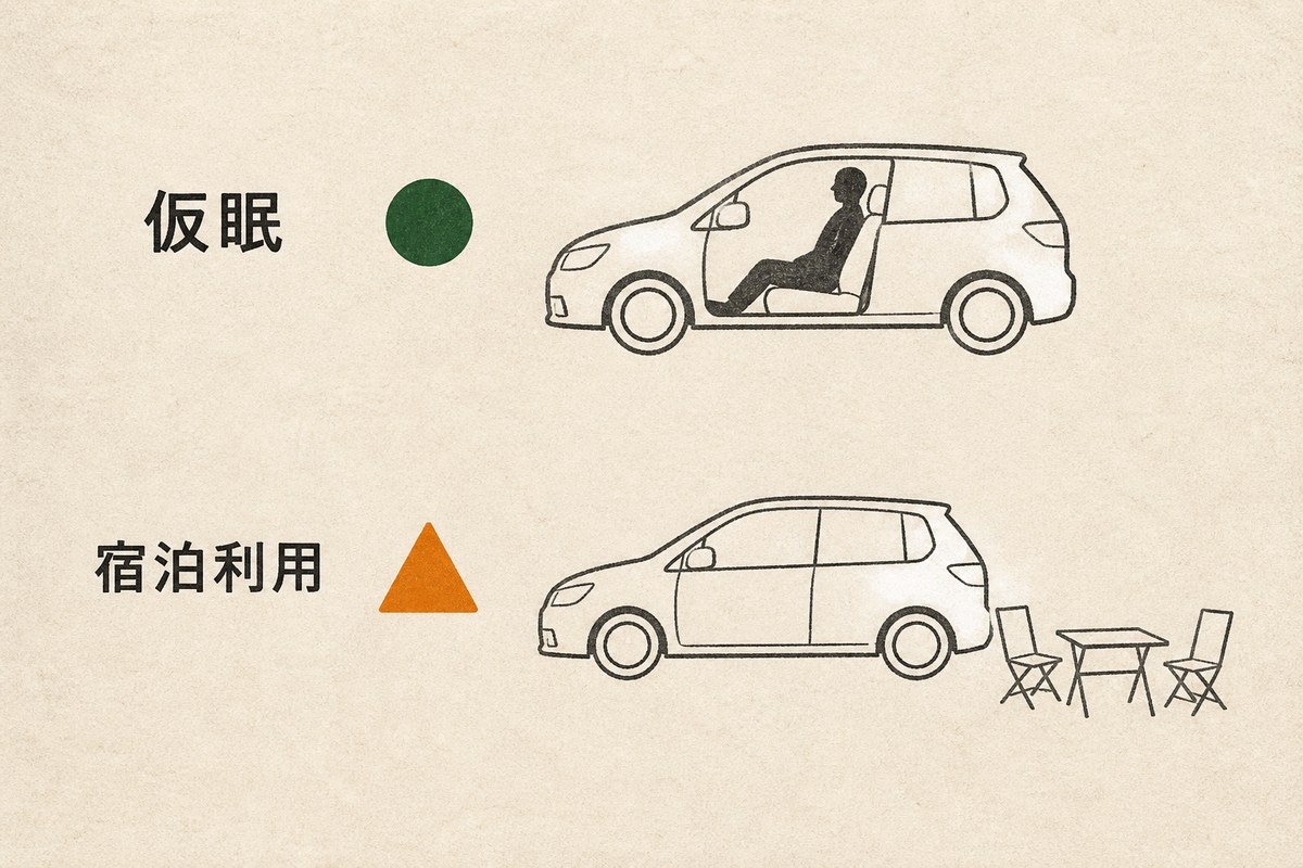 上段は運転席で目を閉じる人と深緑の丸、下段は車外にテーブルと椅子を広げた様子と柿色の三角を並べた図