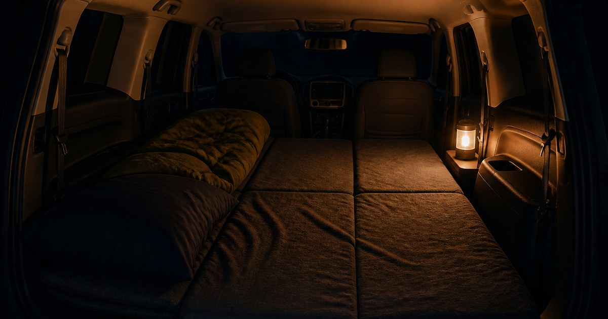 夜の車内。フラットにした後部にマットと寝袋を敷き、LEDランタンがひとつ灯っている