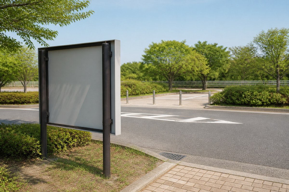 日中の駐車場の入口に立つ案内板を斜め後ろから見たところ
