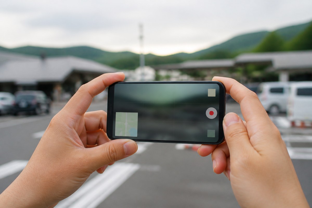 道の駅の駐車場でスマートフォンを構える手元。背景の建物はぼかしている