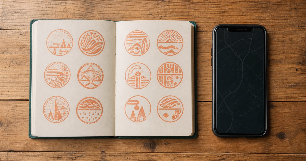 木のテーブルに置かれた紙のスタンプ帳とスマートフォン。紙とデジタルの両方でスタンプを集められることを表す