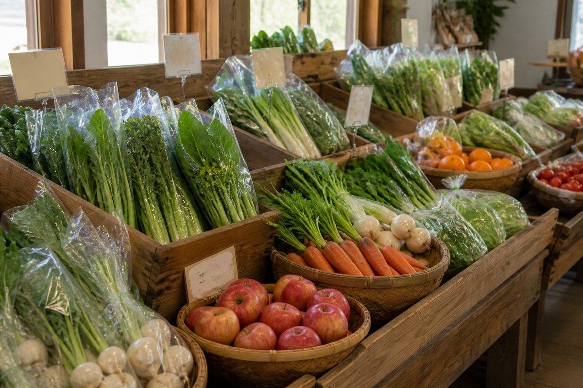 直売所の店内。木箱やかごに地元の野菜や果物が並んでいる